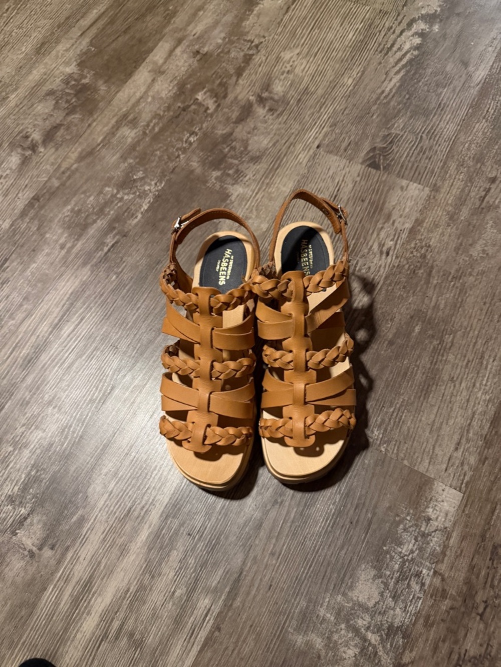 Swedish Hasbeens Tan Braided Leather Wedge Sandals